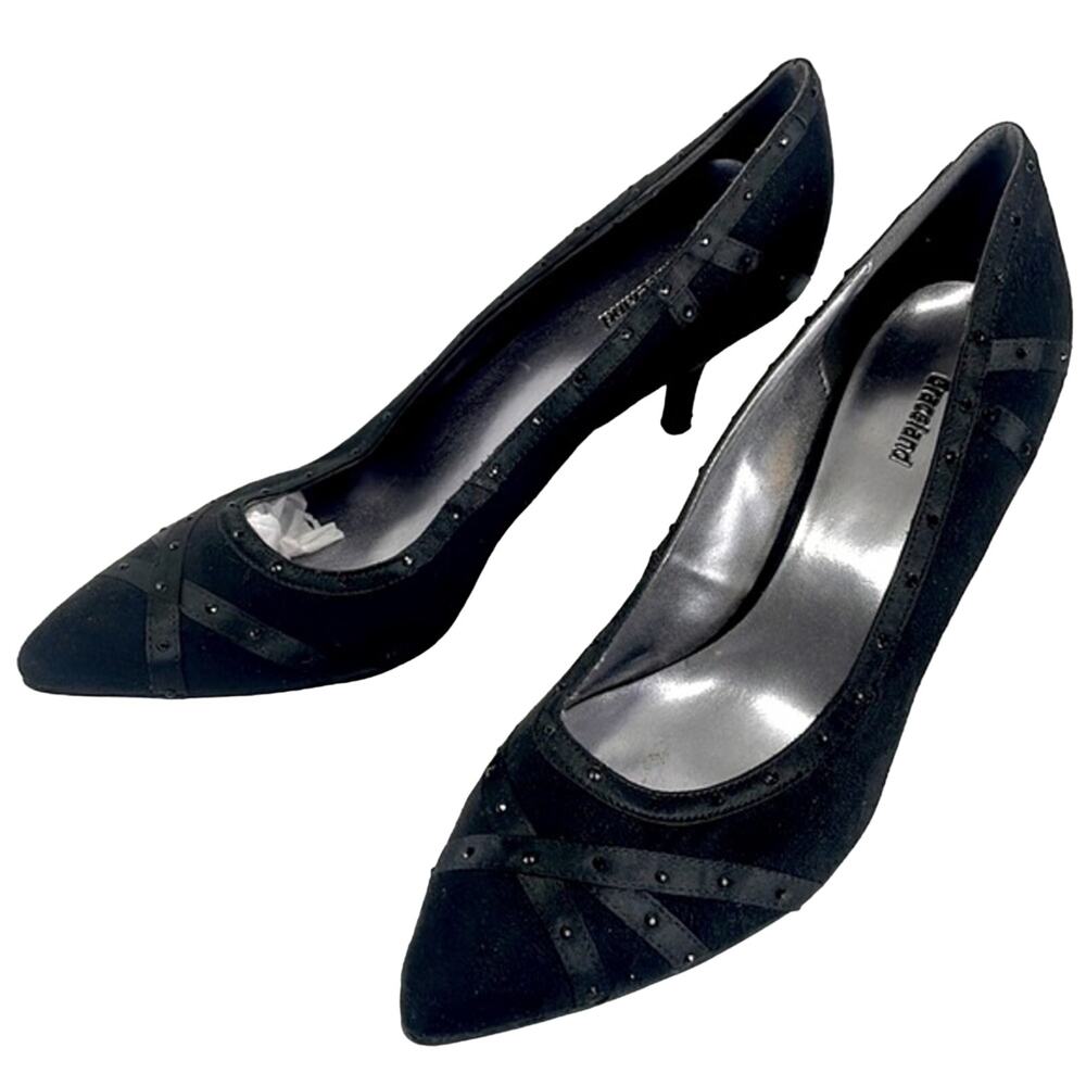 Graceland German Black Faux Suede Satin & Jewel Stud Detailing 3” Heels NWT S 42